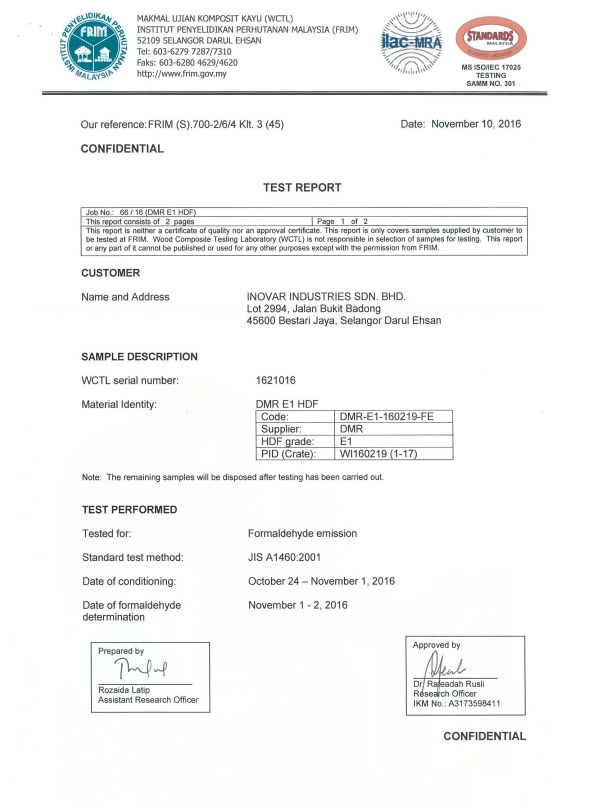 Test-report-E1-Inovar-12mm Sàn gỗ công nghiệp 12mm bản nhỏ INOVAR hèm U