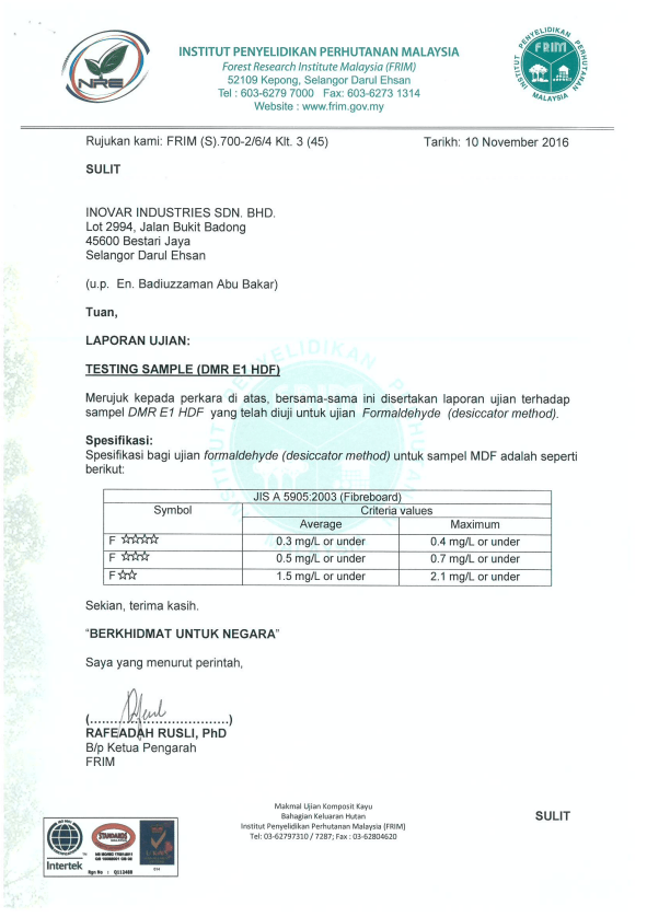 Test-report-HDF-Inovar-12mm-1 Sàn gỗ công nghiệp 12mm bản nhỏ INOVAR hèm U